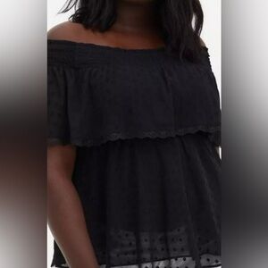 Torrid Elegant Black off shoulder sheer top with swiss dots
